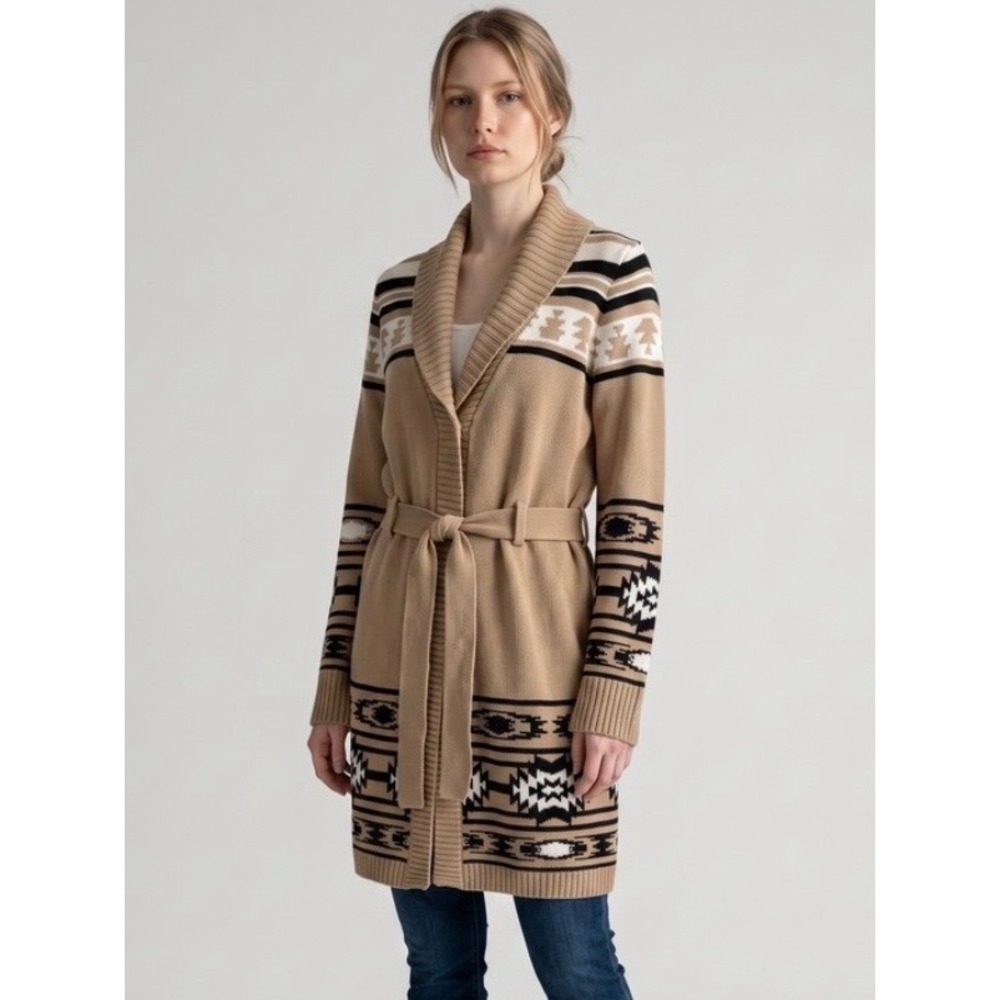 Chaps Womens Tan Southwestern Shawl Collar Belted Cardigan Sweater Small